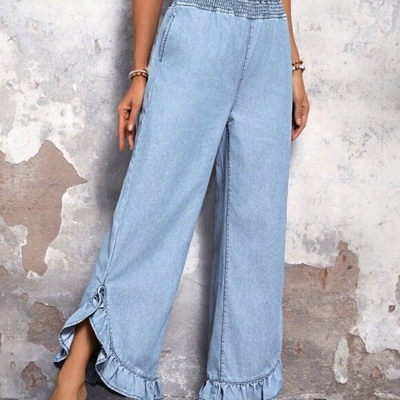 Light Wash Casual Women's High Waist Ruffle Hem Wide Leg Jeans - Picture 6 of 6